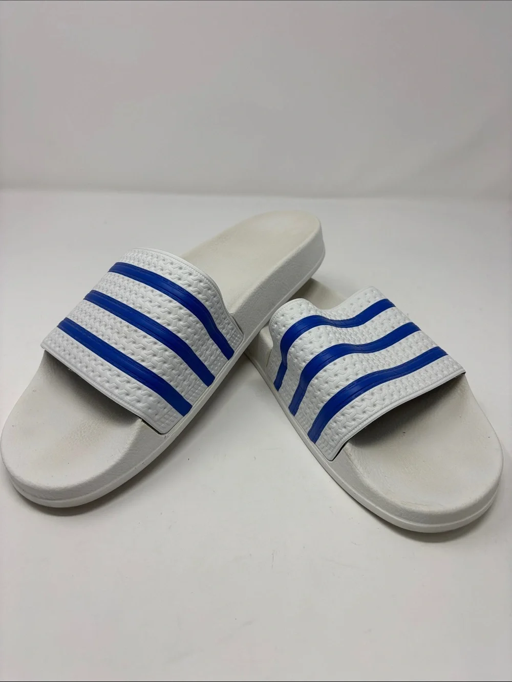 adidas White Slide Sandals with Blue Stripes-Made in Italy